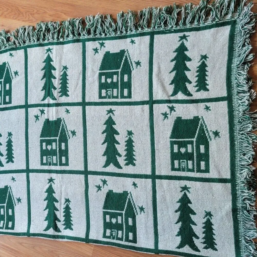 VTG Christmas Throw Blanket Woven Cotton Green White Houses Trees Reversible